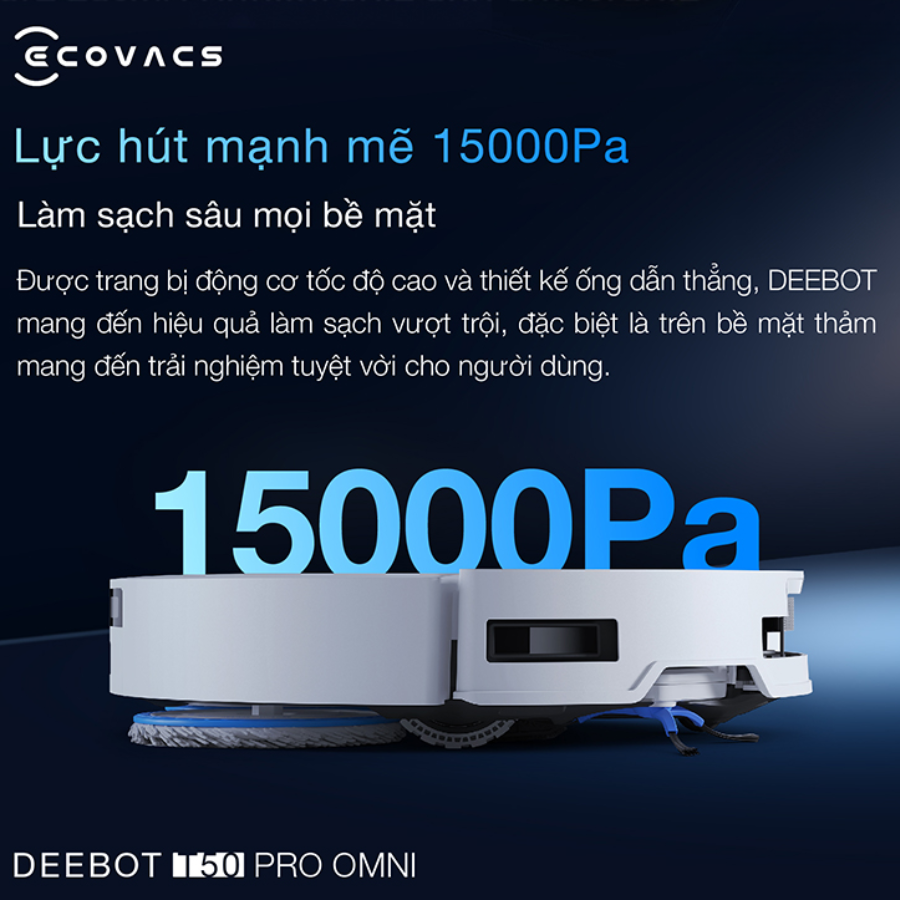 Ecovacs T50 Pro Omni có lực hút 15.000Pa làm sạch sâu mọi bề mặt