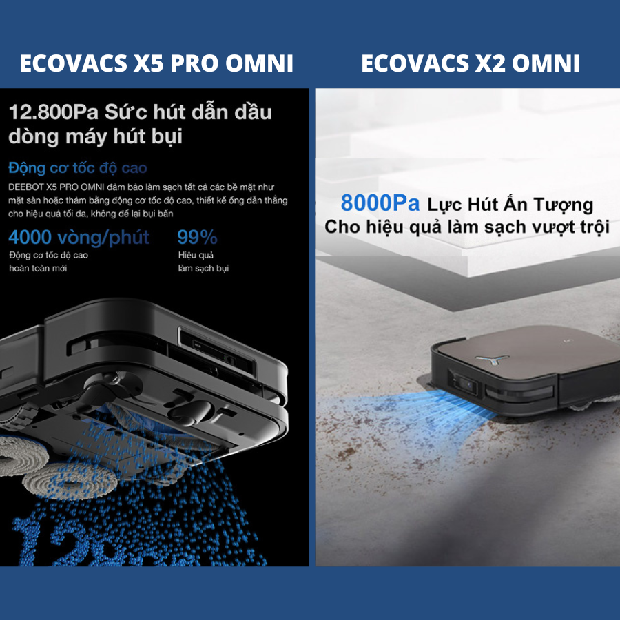 So sánh Robot hút bụi Ecovacs X5 Pro OMNI và Ecovacs X2 OMNI