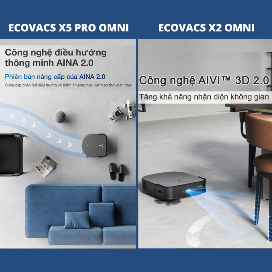 So sánh Robot hút bụi Ecovacs X5 Pro OMNI và Ecovacs X2 OMNI